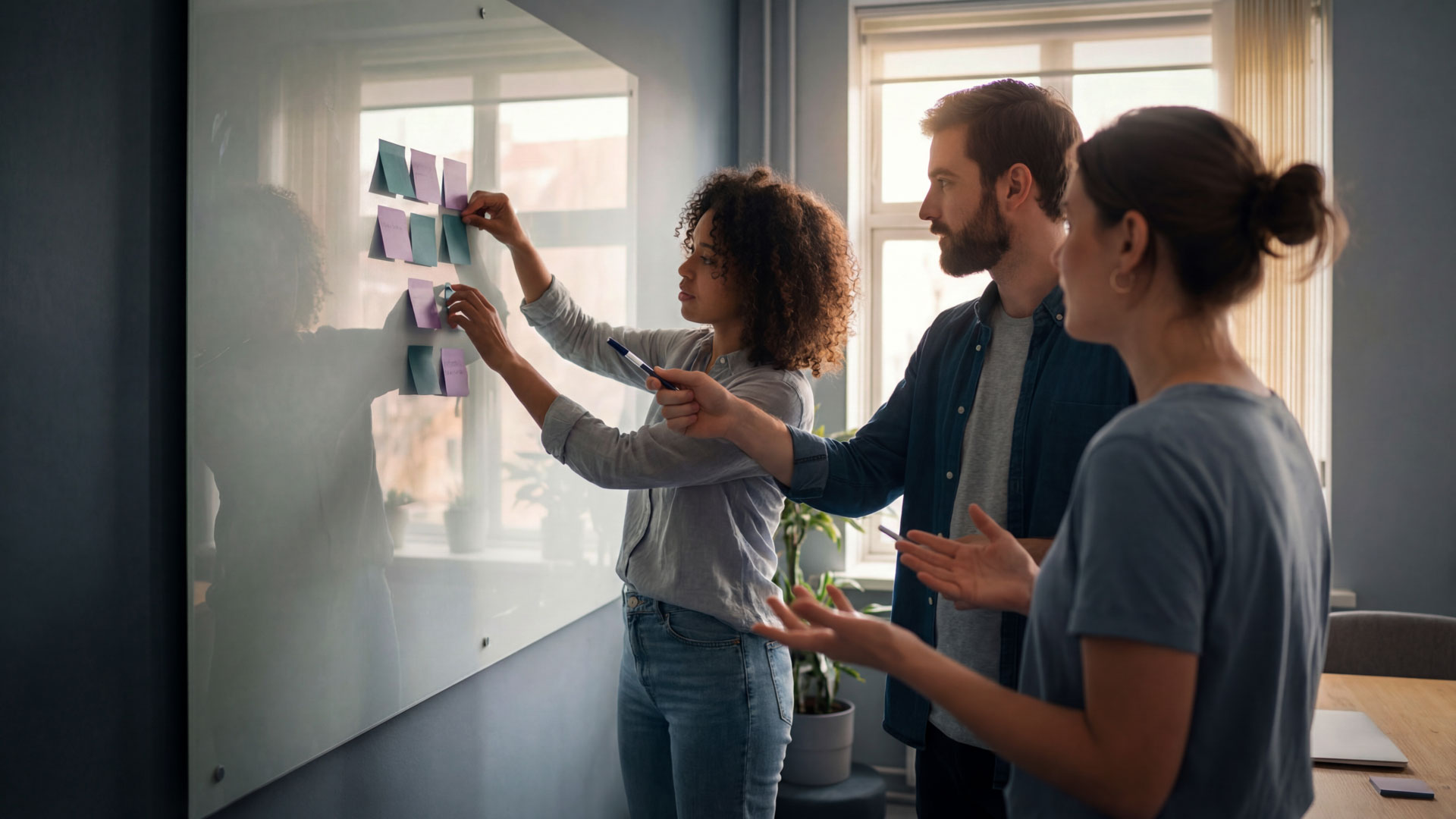 Drei Personen stehen vor einem Whiteboard und besprechen ein Projekt