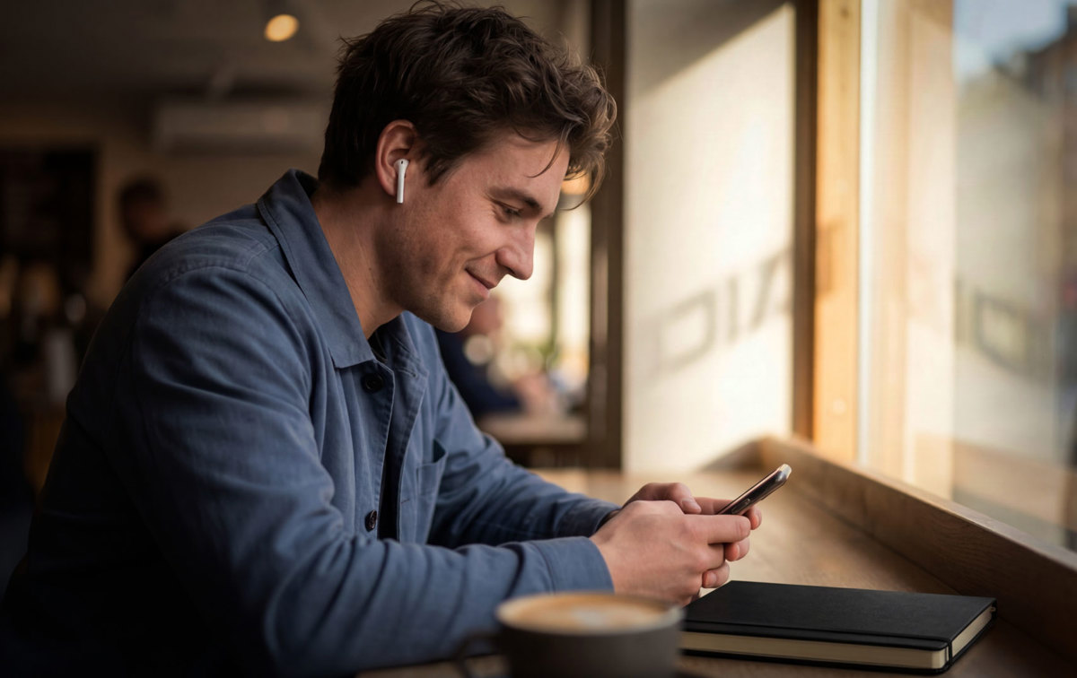 Ein Mann schaut auf sein Smartphone und lächelt