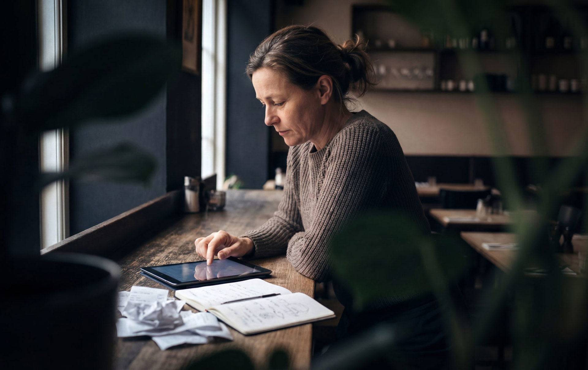 Eine Frau sitzt über einem Tablet und Papier gebeugt