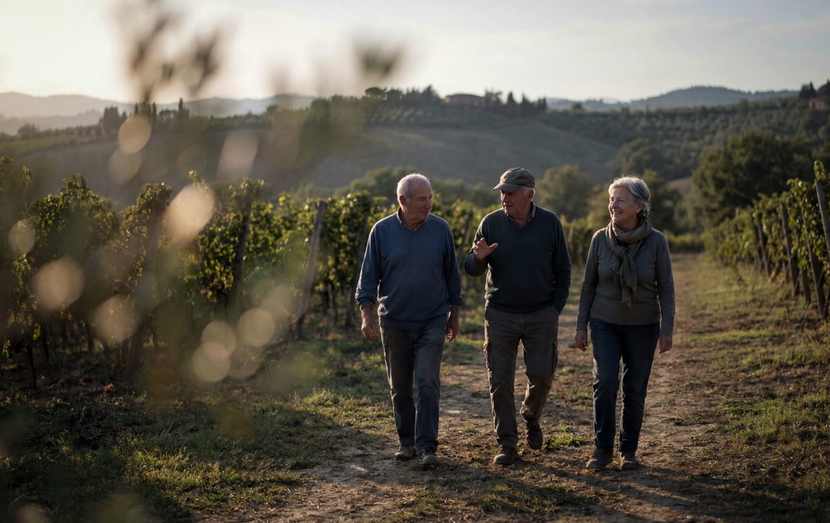 Zwei Männer und eine Frau gehen in einem Weinberg spazieren