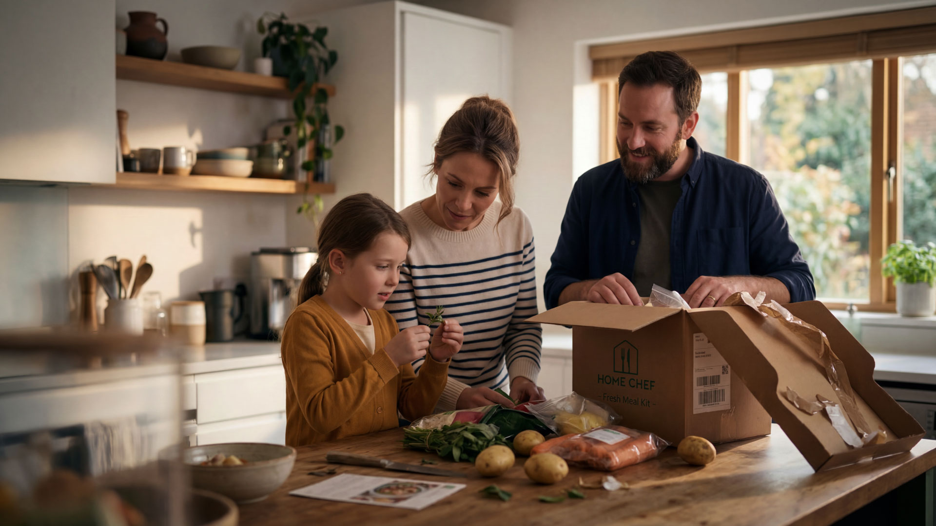 Eine Familie steht in der Küche und packt ihre Einkäufe aus