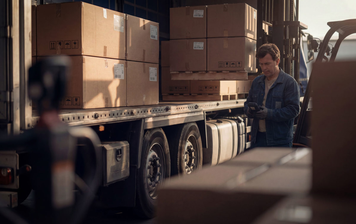 Ein Mann prüft eine Logistikladung von einem LKW