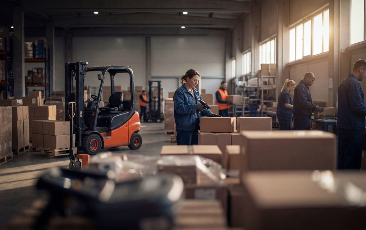 Lagerhalle von innen mit diversen Personen, die bei der Arbeit sind